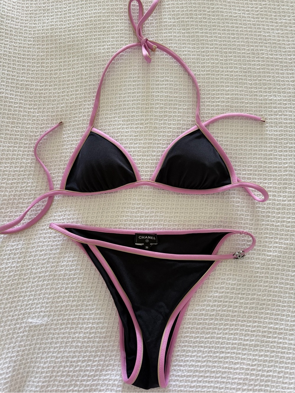 CHANEL Black Bikini with Pink Trim Two-Piece Set Coco Beach